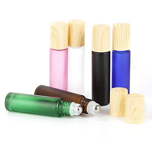 Furnido Essential Oil Roller Bottles 5 Pack 10ml Colorful Frosted Glass Roller Bottles with Stainless Steel Roller Balls Wood Grain Lid Perfume Roll on Bottles Lip Balms Container (White frosted) - Image 3